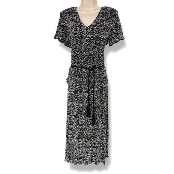 Dressbarn Black &‎ Ivory Print Bodre Midi Dress w/ Tassel Tie Size 14 Spring - Picture 1 of 6